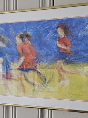 Original Pastel Artwork Print in Blue and Red – Framed Home Art Children Running